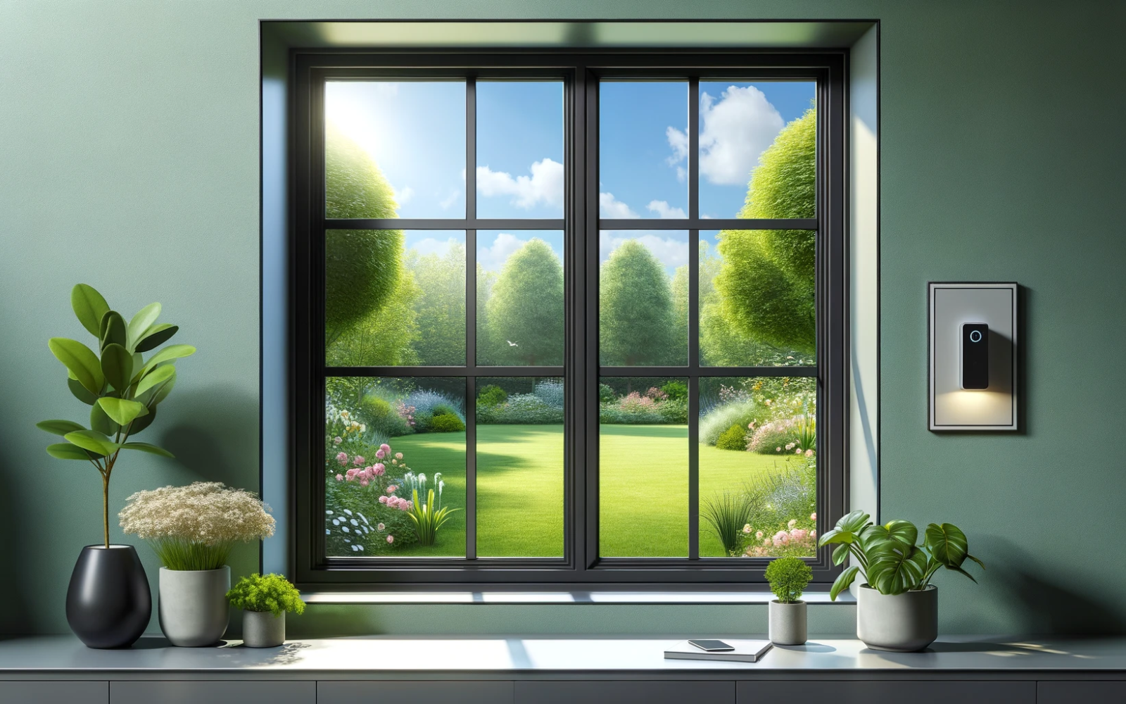 Modern window with black frame overlooking green yard